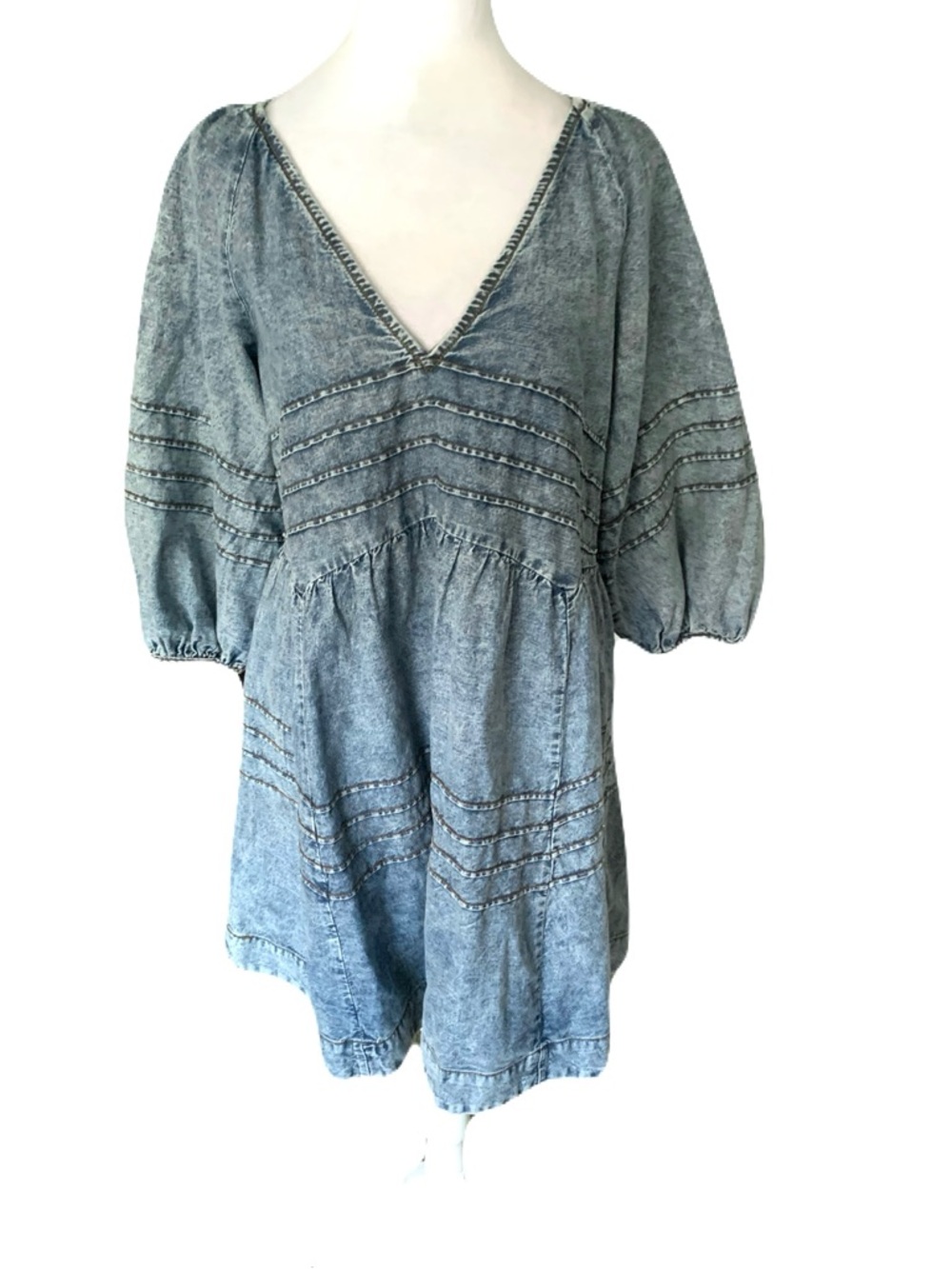 Free People Small Washed Blue Denim V-Neck Open Back Mini Dress Sweet Surrender